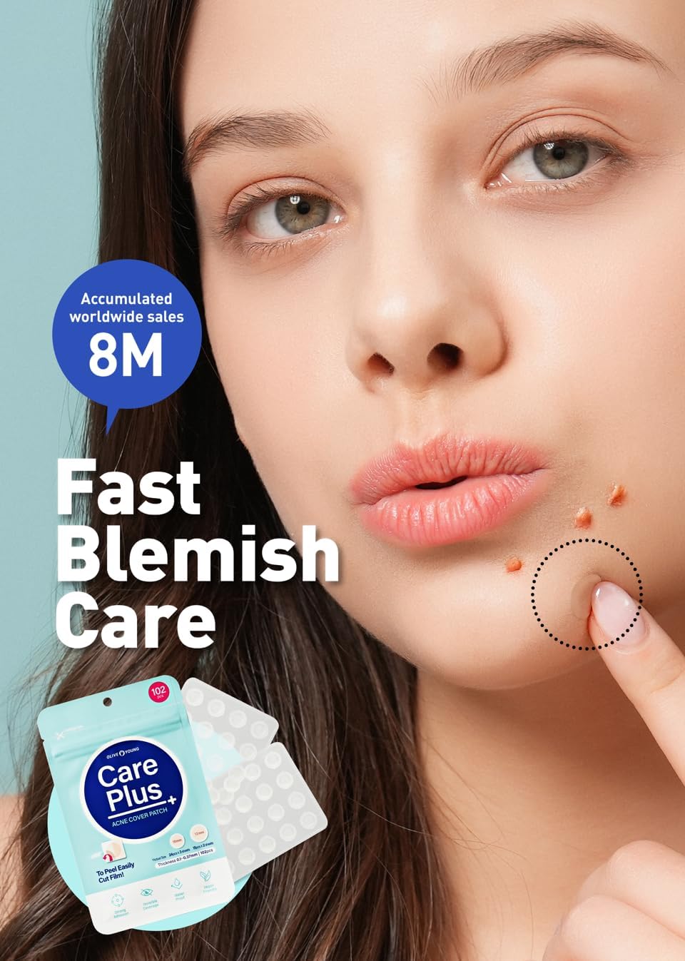 Travel friendly packaging sheet of Olive Young Care Plus blemish patches