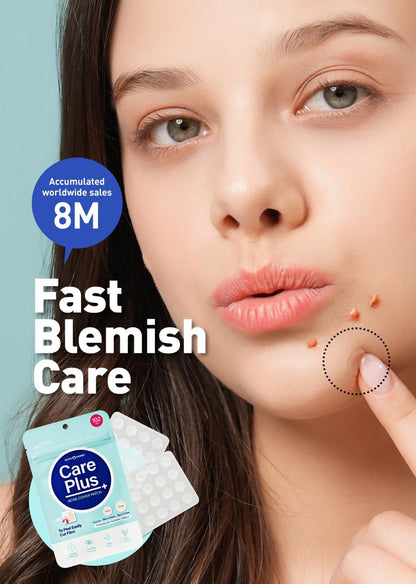 Travel friendly packaging sheet of Olive Young Care Plus blemish patches