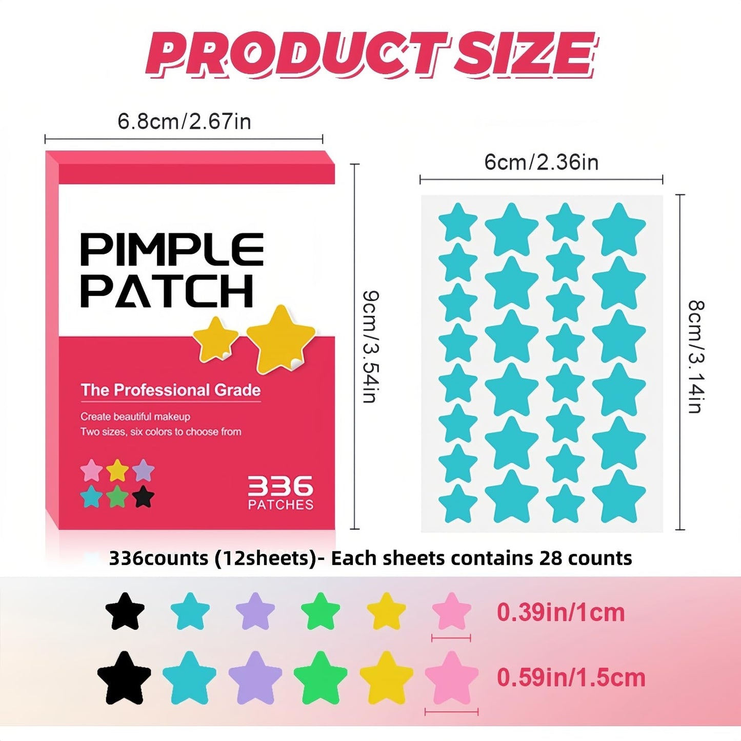 Six different colors of hydrocolloid star acne patches displayed on sheets