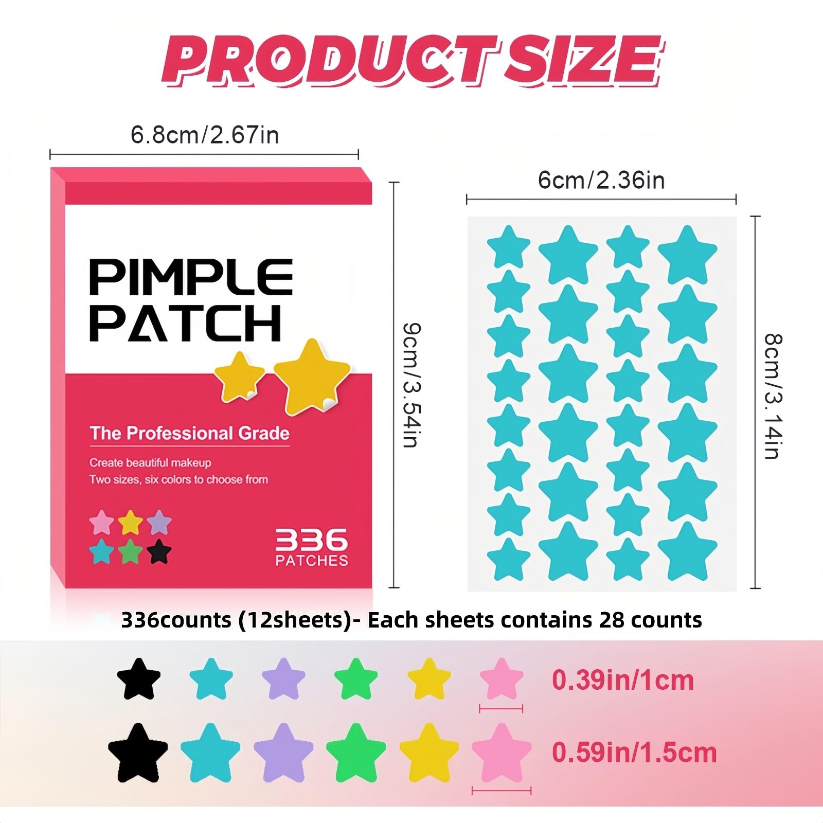 Six different colors of hydrocolloid star acne patches displayed on sheets