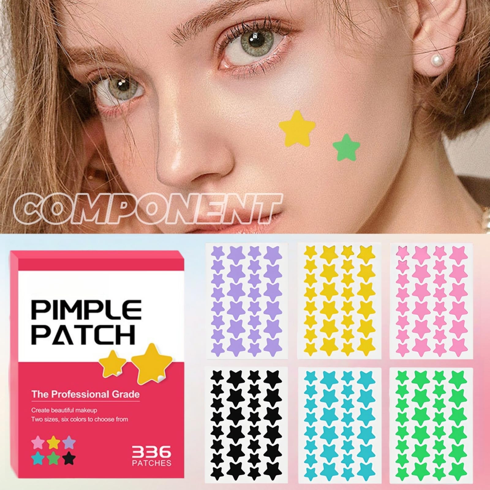 Model wearing a purple star blemish patch on cheek for daytime protection