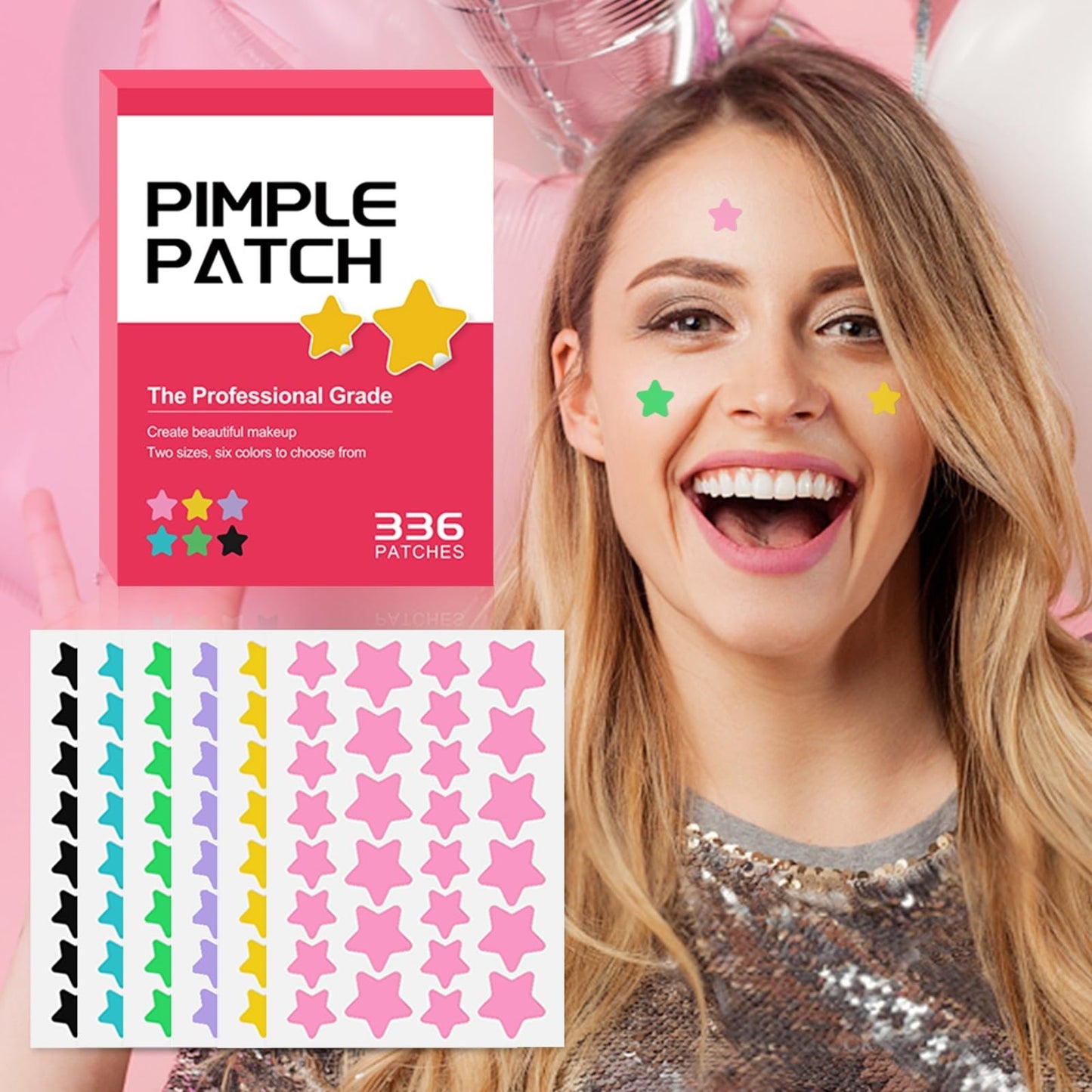 Abundant pack layout showing three hundred thirty six count acne stickers kit