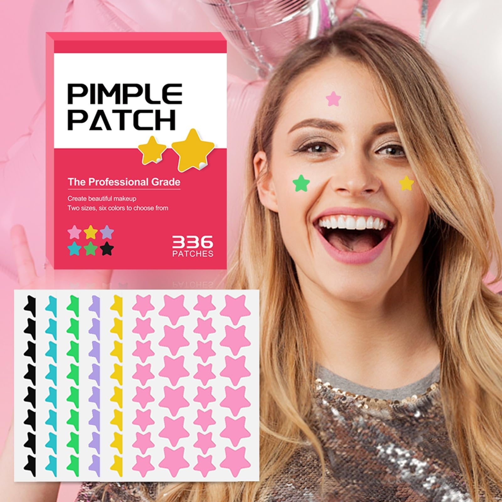 Abundant pack layout showing three hundred thirty six count acne stickers kit
