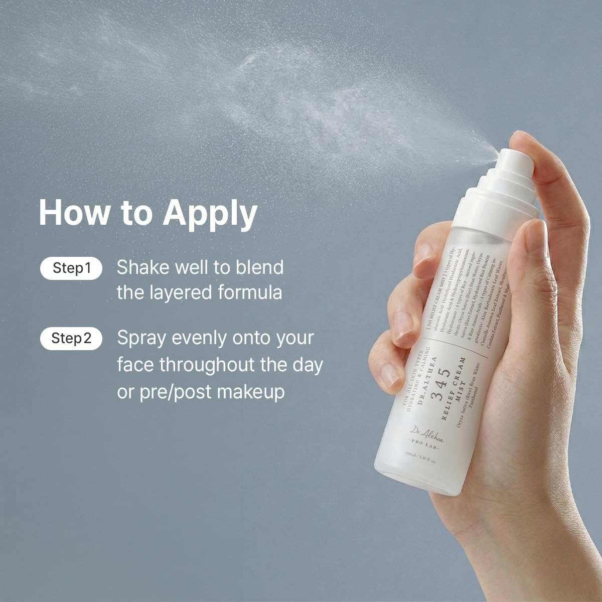 Vegan certified Korean skincare mist bottle highlighting key ingredients