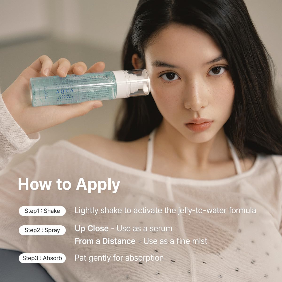 Side view of Dr. Althea Aqua Marine Jelly Mist 100ml highlighting the vegan product certification