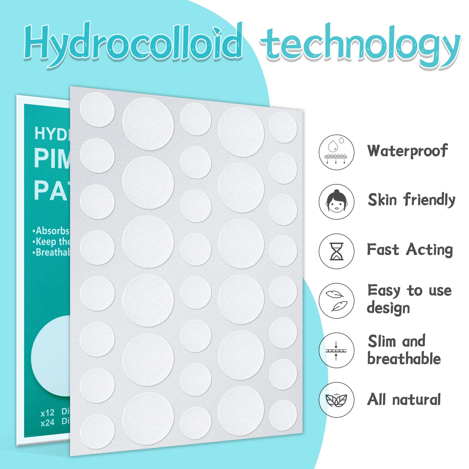 Close up view of the translucent matte finish hydrocolloid zit patches for face application.