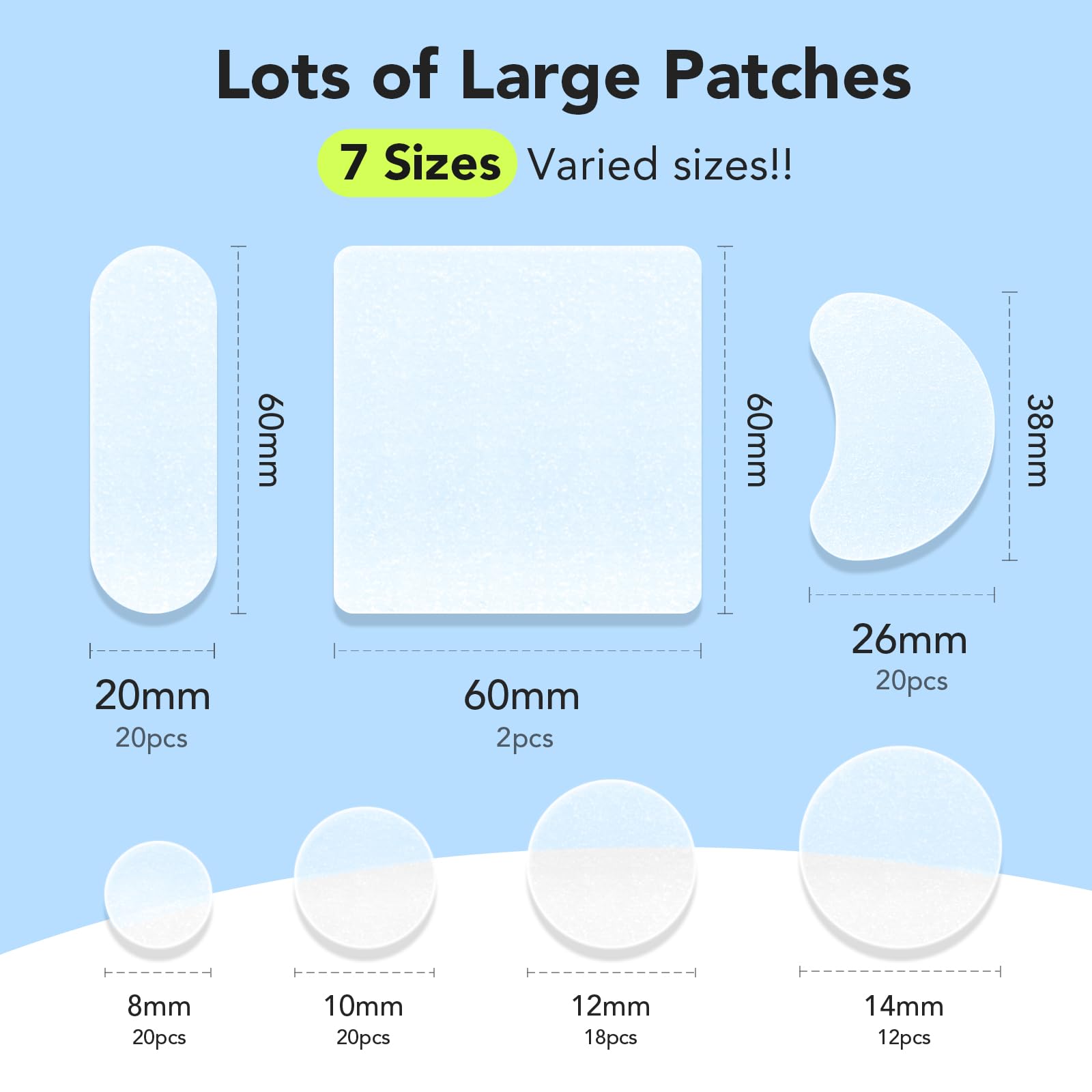 LitBear hydrocolloid acne bandages showing seven different sizes including moon and square shapes.