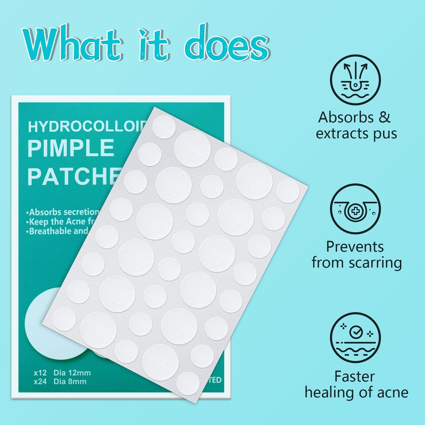 Full contents of the PICcircuit one hundred and eighty count hydrocolloid blemish patch box packaging.