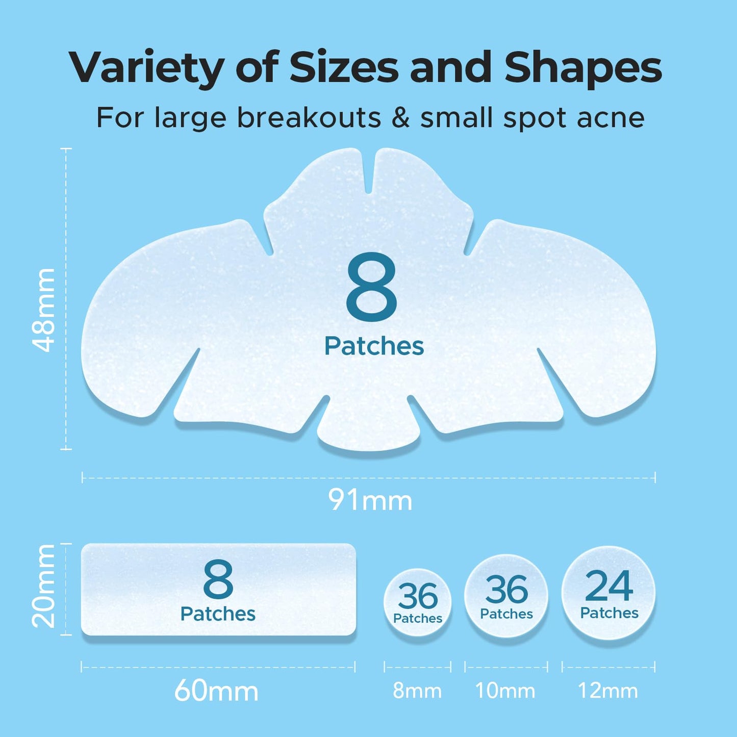 TKTK medical grade acne patches arranged neatly to demonstrate coverage options.