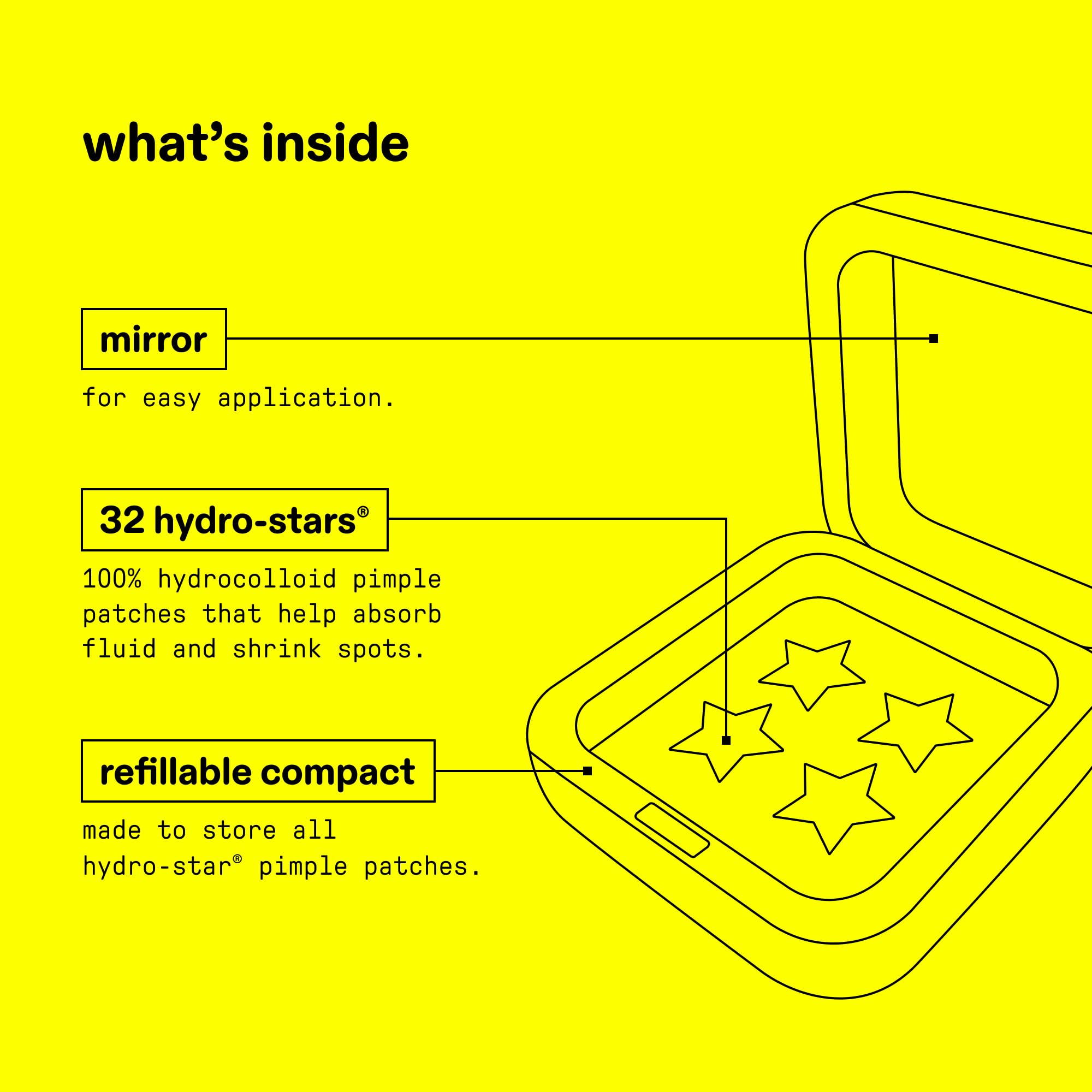 Open Starface Big Yellow starter pack compact showcasing the inner mirror and patches