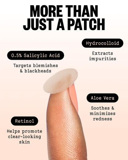 Peace Out skincare acne patches applied on skin for targeted overnight blemish recovery.