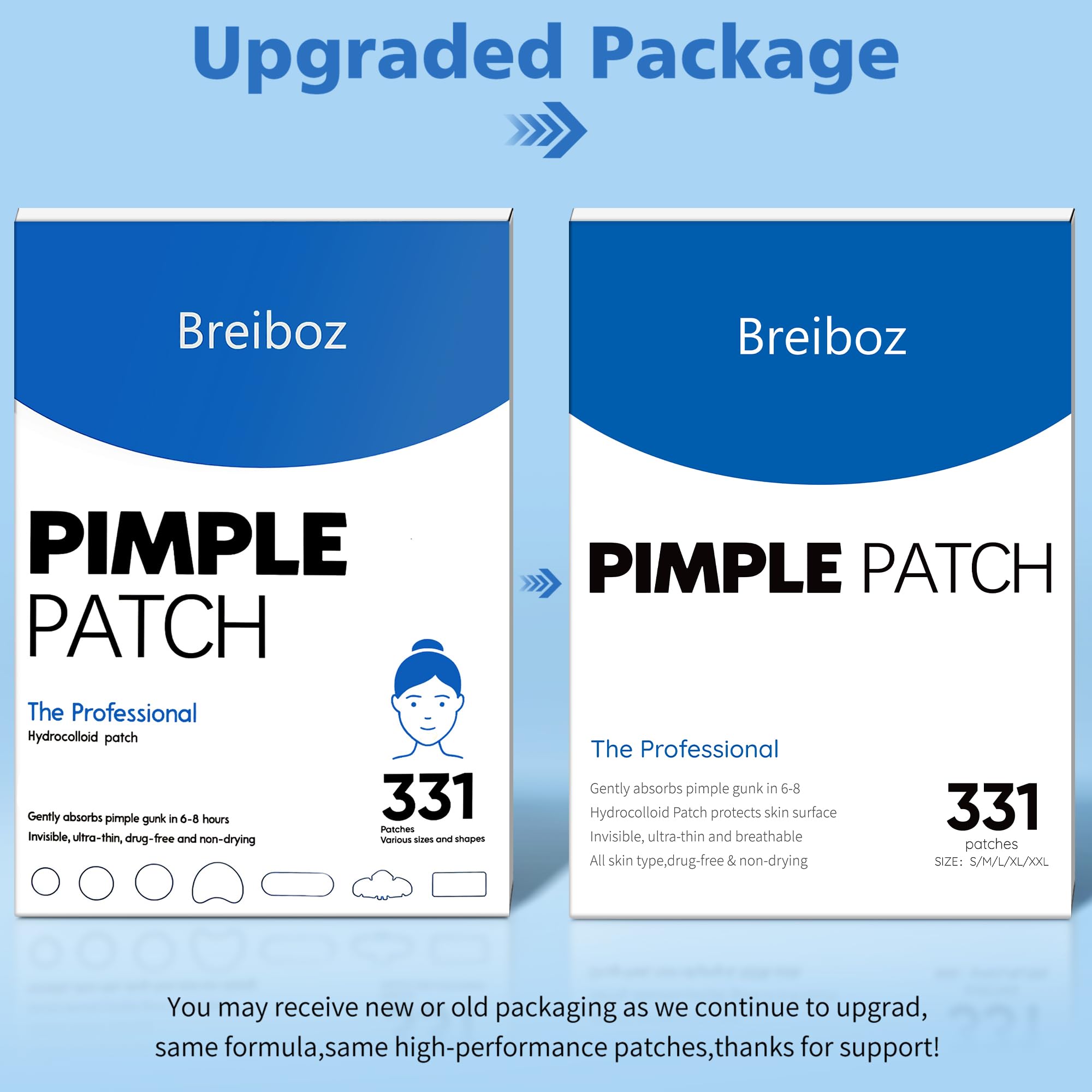 Breiboz acne spot covers showing different sizes of hydrocolloid stickers for face breakouts.