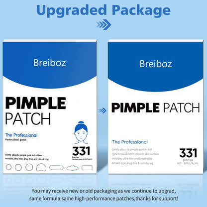 Breiboz acne spot covers showing different sizes of hydrocolloid stickers for face breakouts.