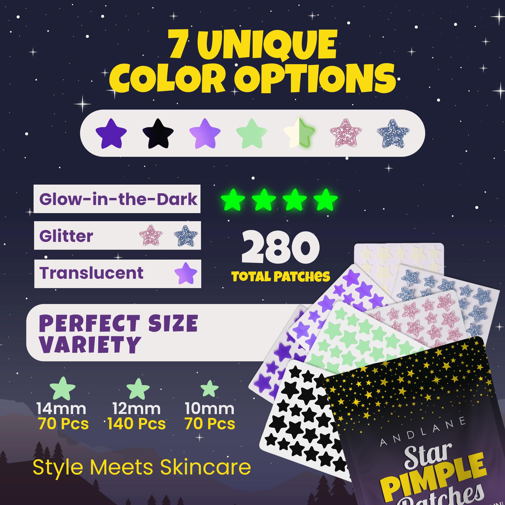 Colorful hydrocolloid blemish stickers in seven vibrant shades