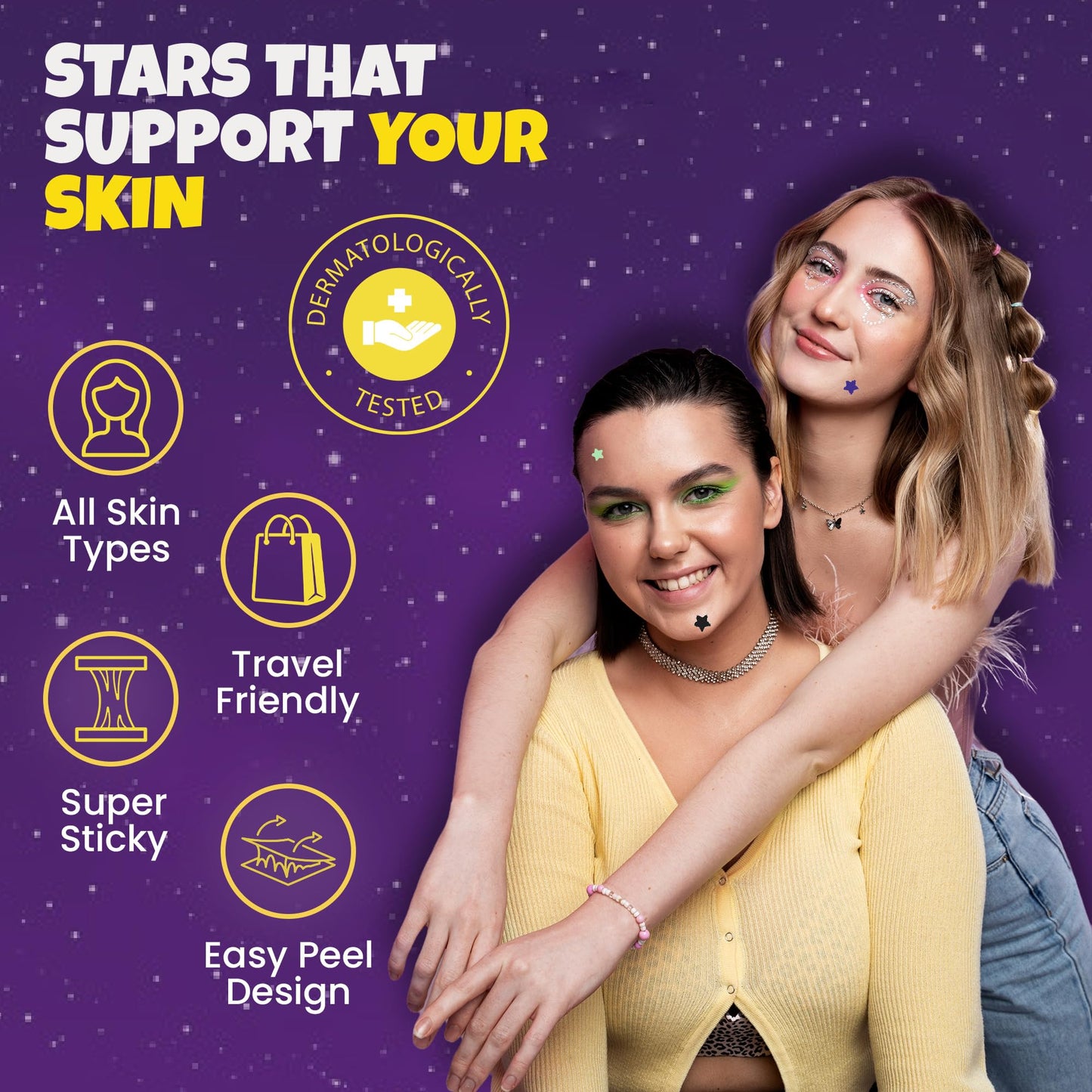 Glitter and glow in the dark star acne patches in three sizes