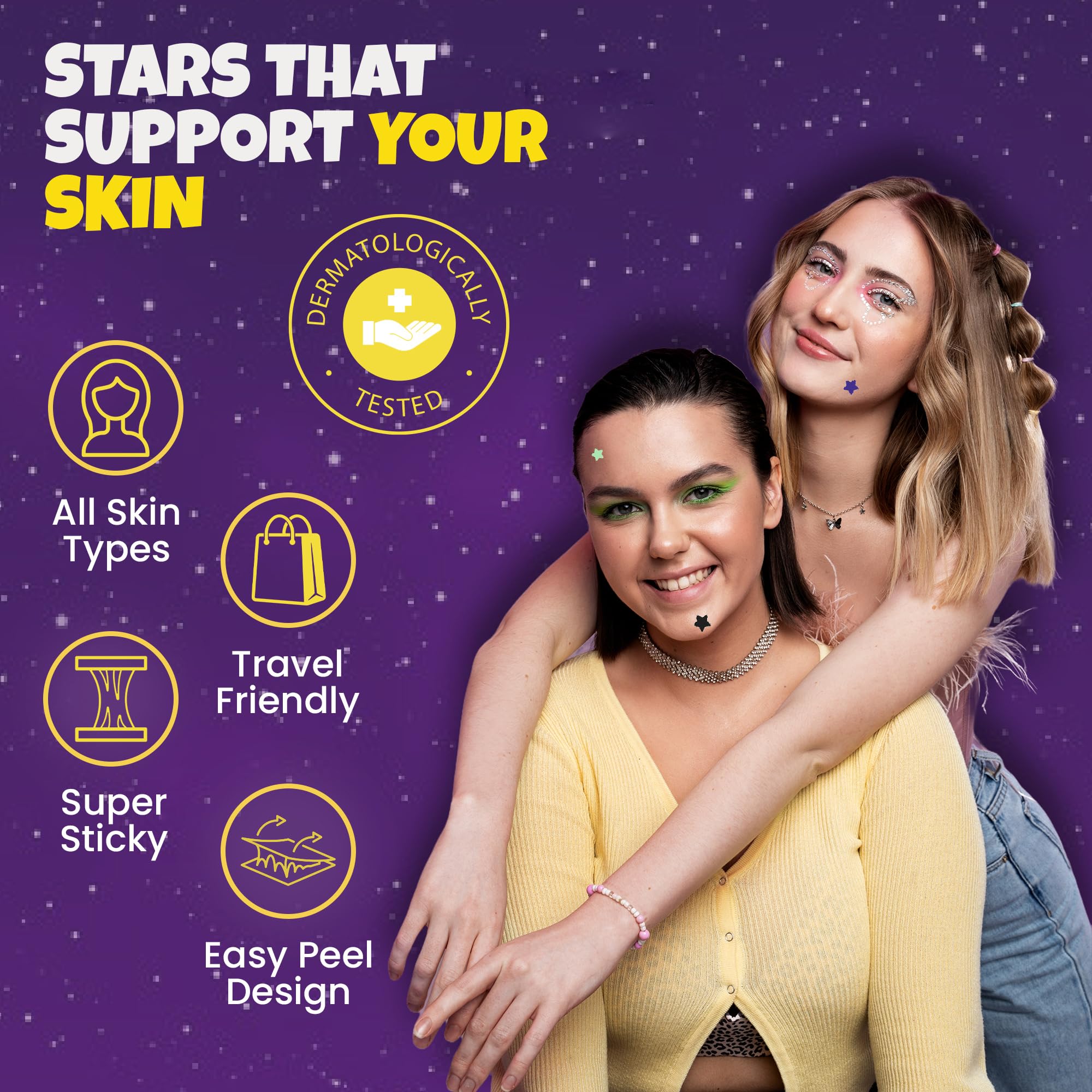 Glitter and glow in the dark star acne patches in three sizes