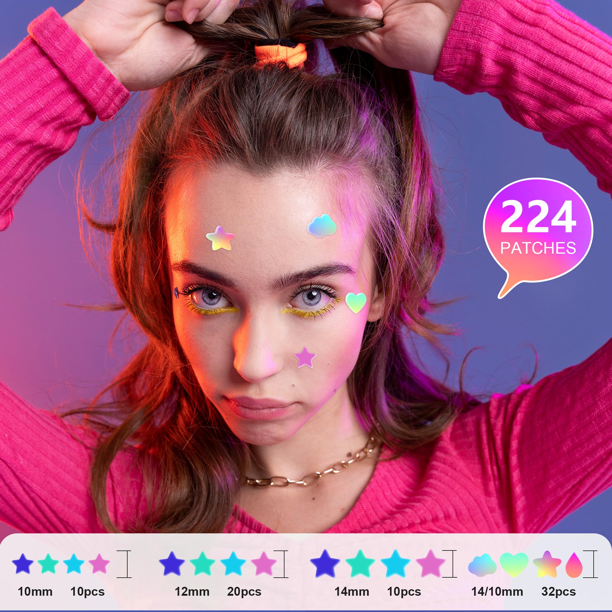Star-shaped hydrocolloid zit absorbing patches showing the various sizes included in the pack