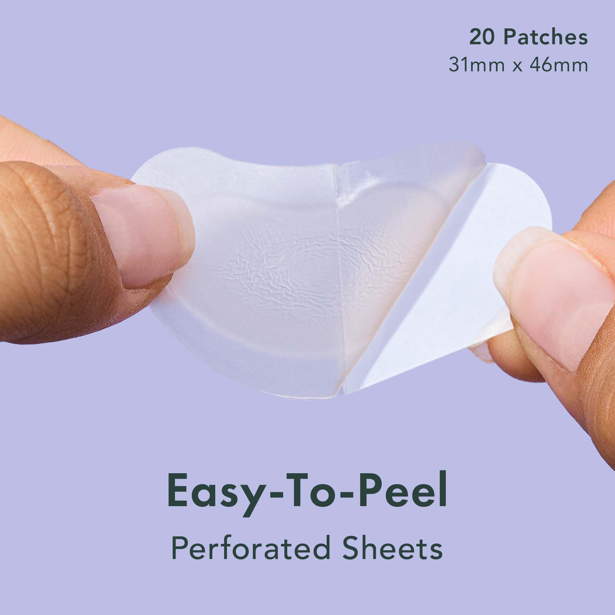 Rael large hydrocolloid strips applied on the cheek and chin area for breakout coverage
