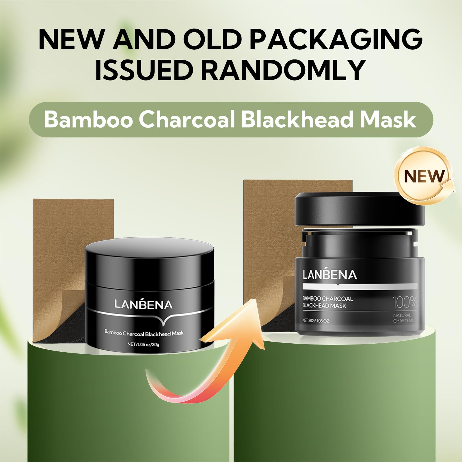 LANBENA charcoal peel off face mask jar next to the included sixty pieces of paper nose strips.