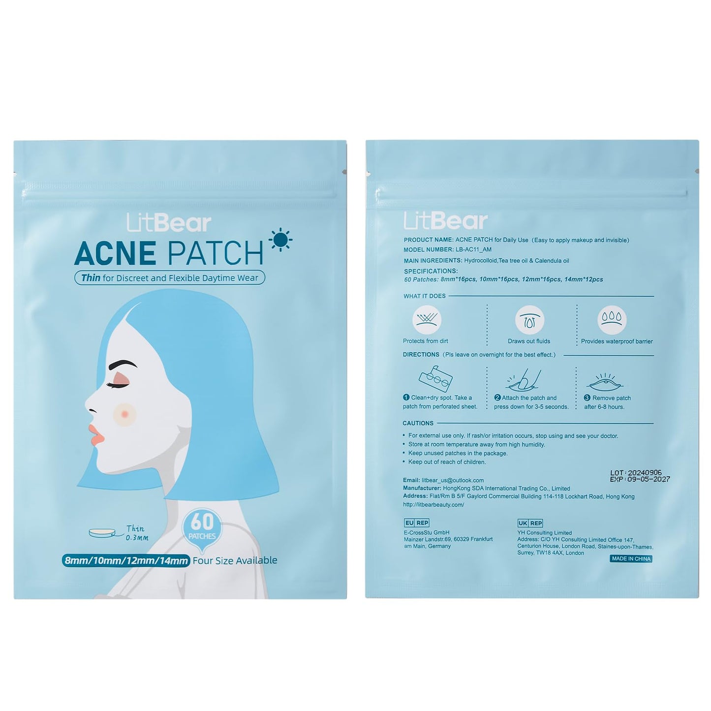 LitBear blemish cover patches demonstrating high adhesion and water resistant shield on face