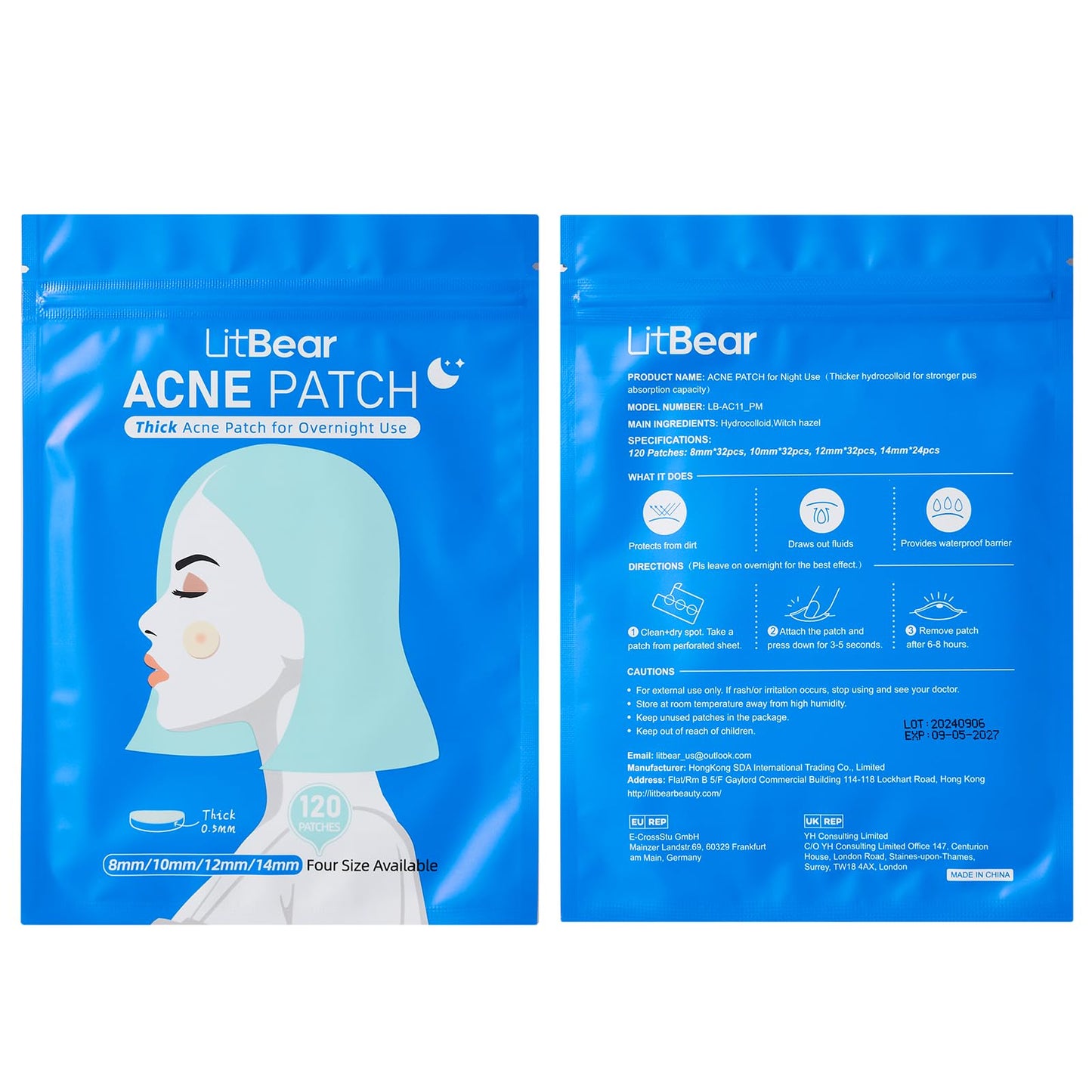 LitBear acne patch retail sheet showing clean peel design for hygienic skincare application