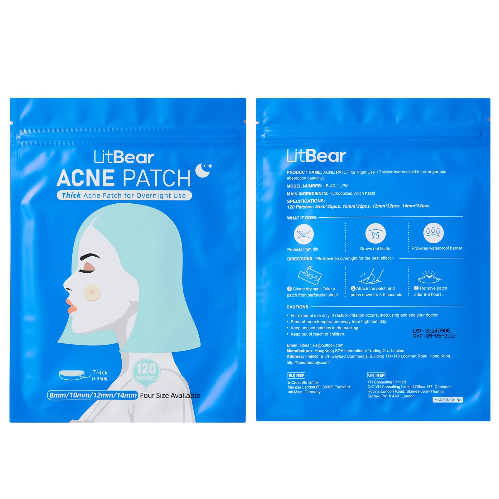 LitBear acne patch retail sheet showing clean peel design for hygienic skincare application