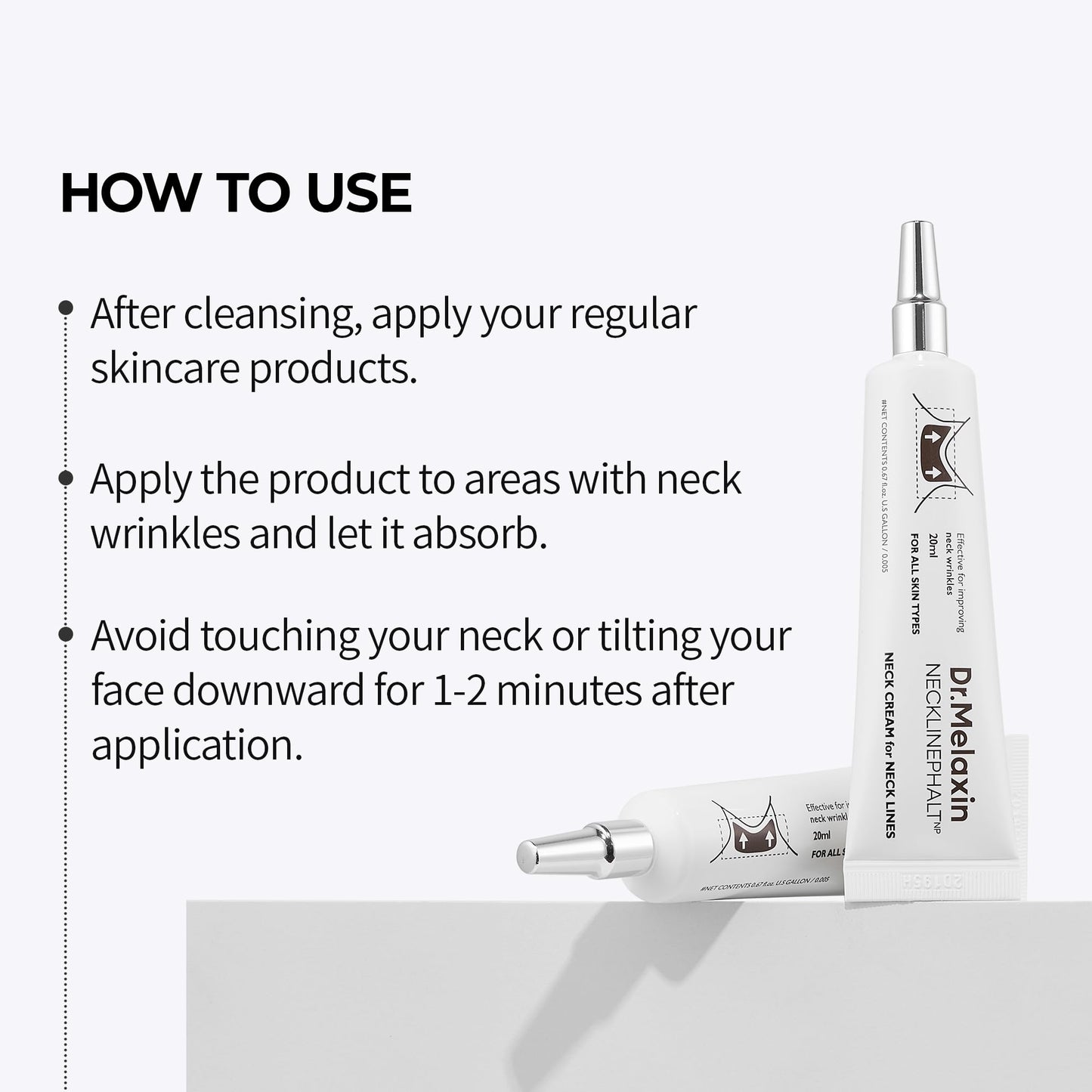 Dr Melaxin Necklinephalt tube shown from an angle detailing the product usage directions
