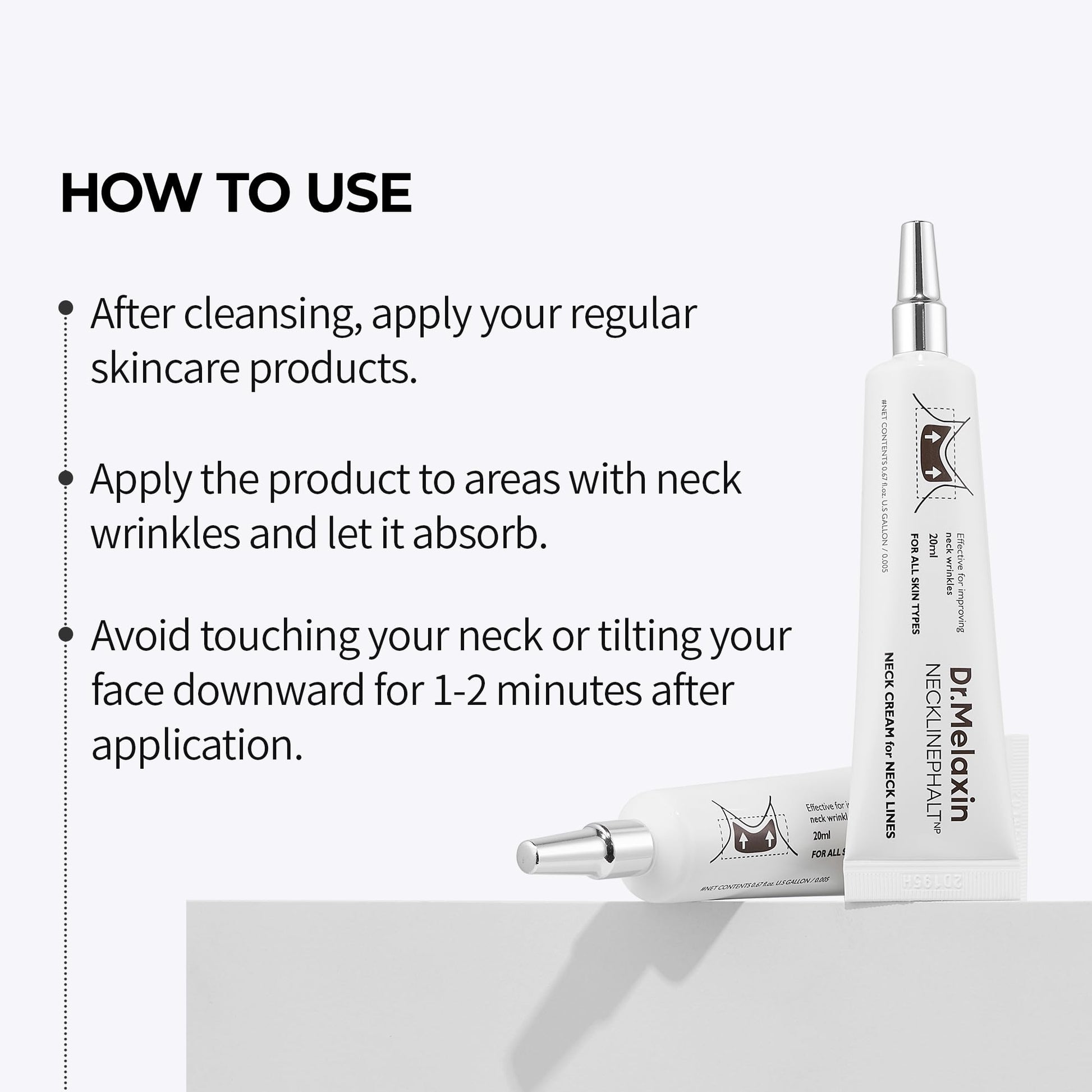 Dr Melaxin Necklinephalt tube shown from an angle detailing the product usage directions