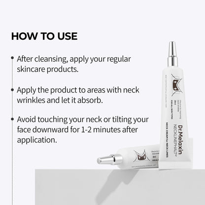 Dr Melaxin Necklinephalt tube shown from an angle detailing the product usage directions