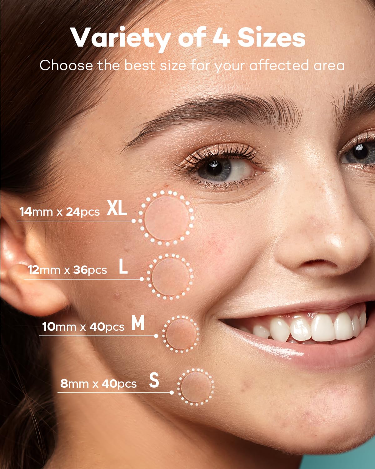 TKTK acne absorbing cover patches sheet displaying four different sizes for varied blemish sizes.