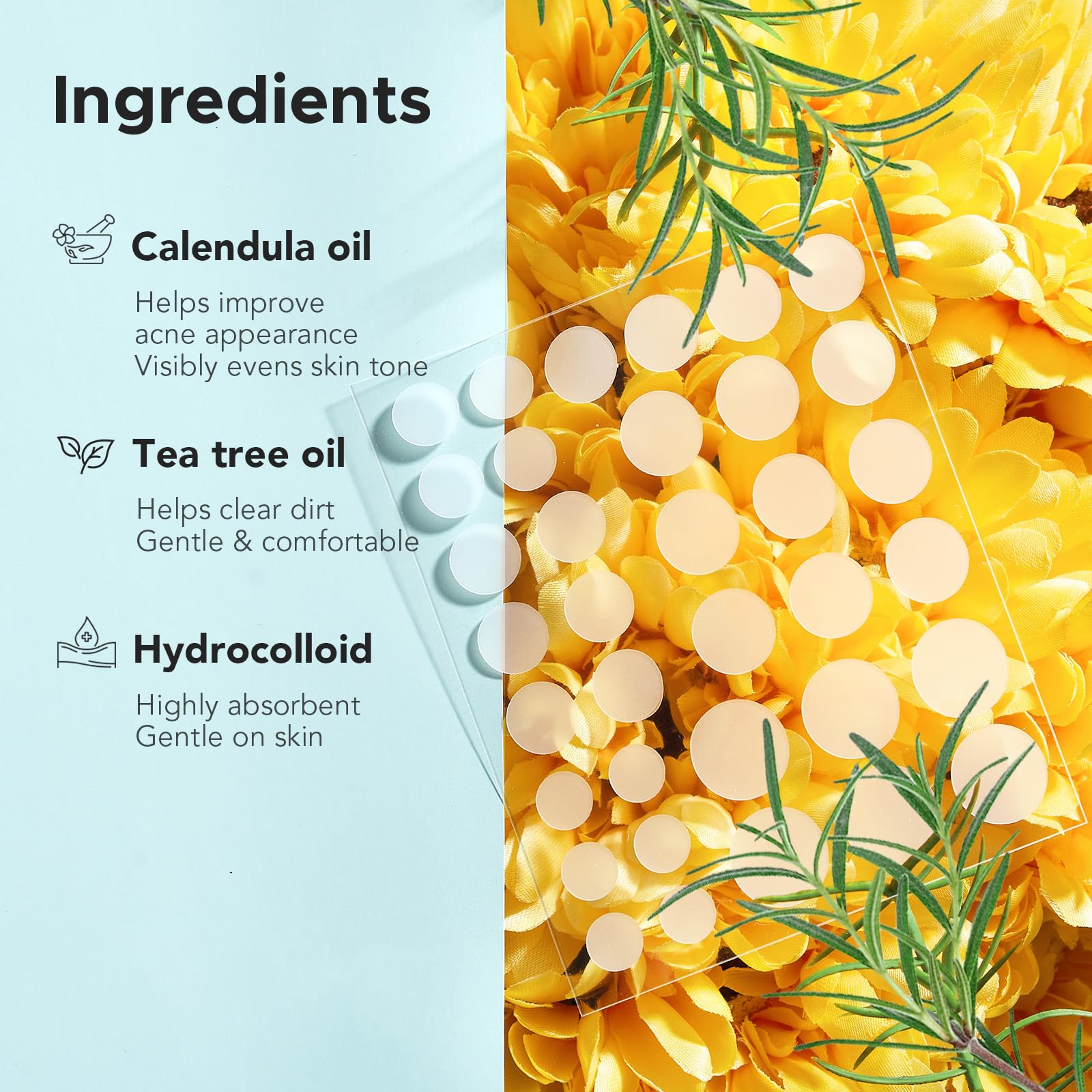 TKTK hydrocolloid spot stickers infused with natural tea tree oil and calendula oil.
