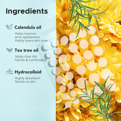 TKTK hydrocolloid spot stickers infused with natural tea tree oil and calendula oil.