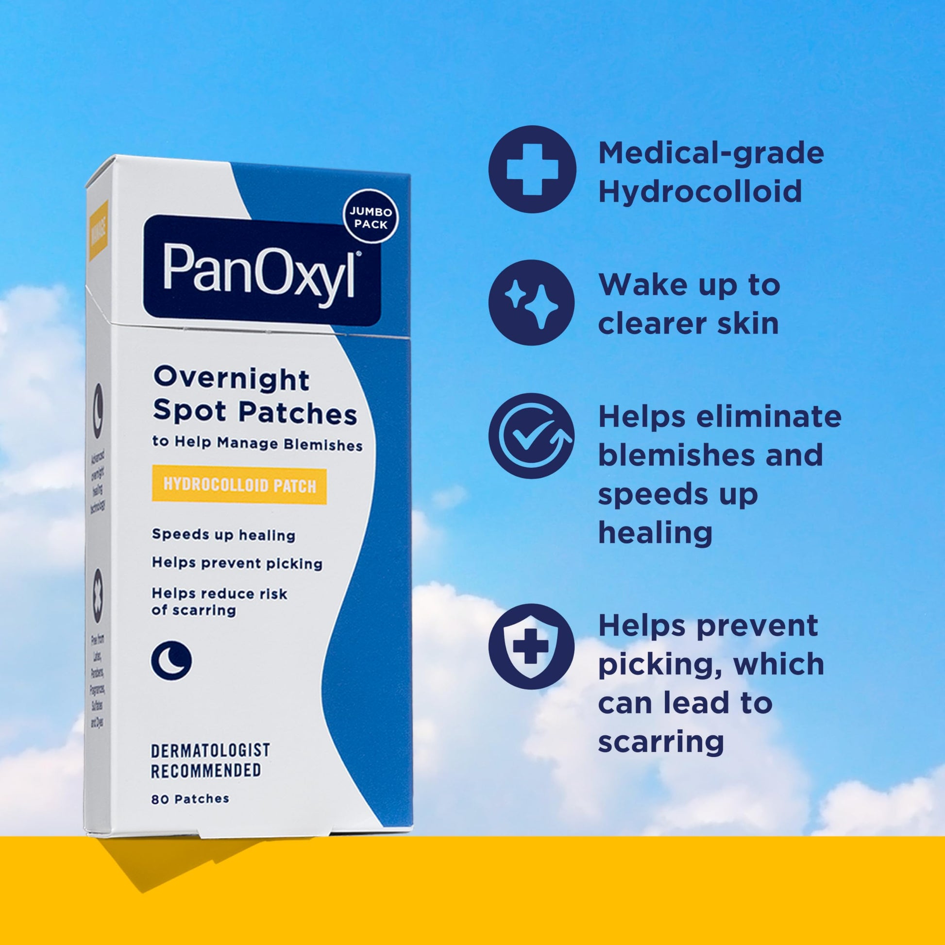 Back label of PanOxyl overnight acne patches showing usage instructions and ingredients