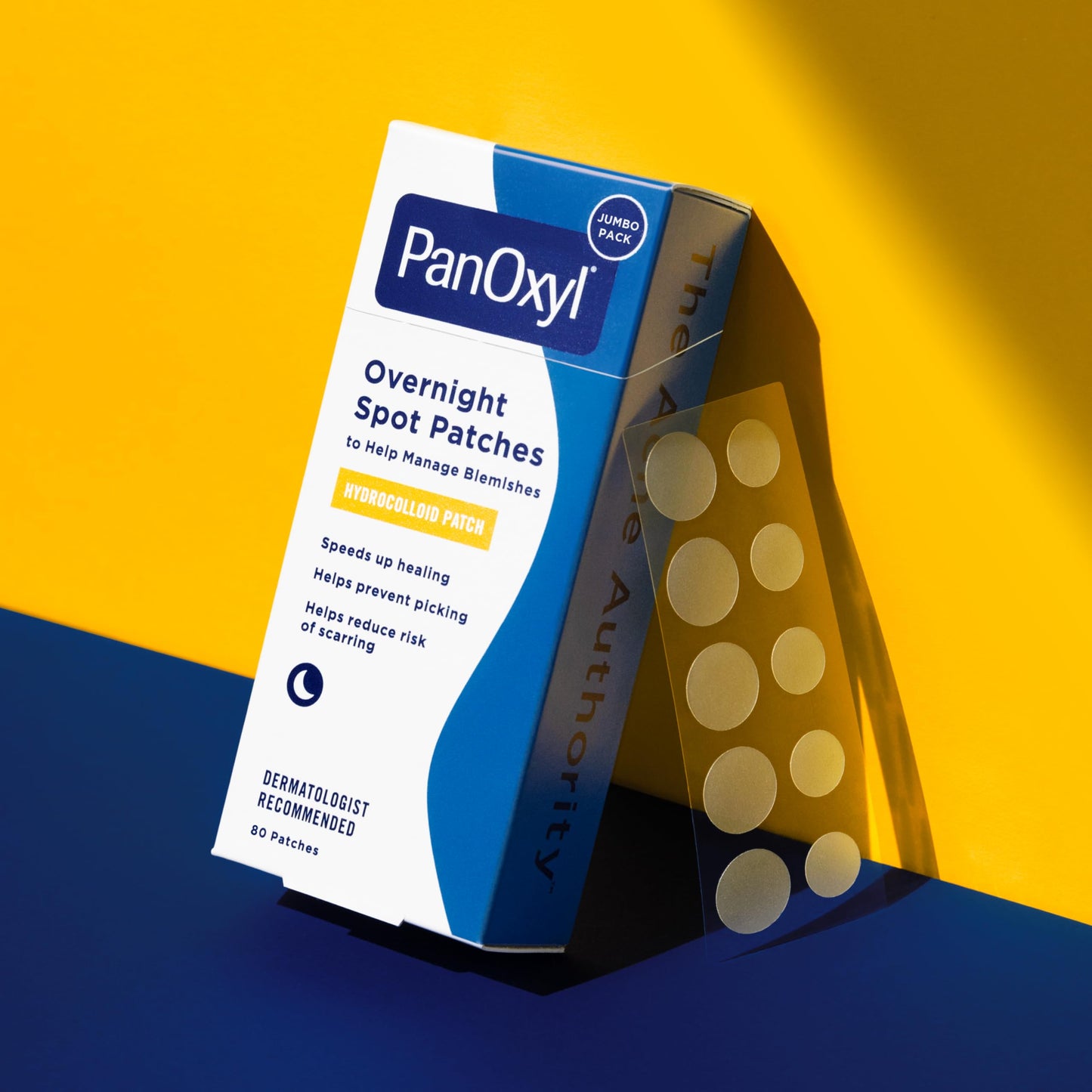Side angle of the authentic USA imported PanOxyl clear overnight spot patches box