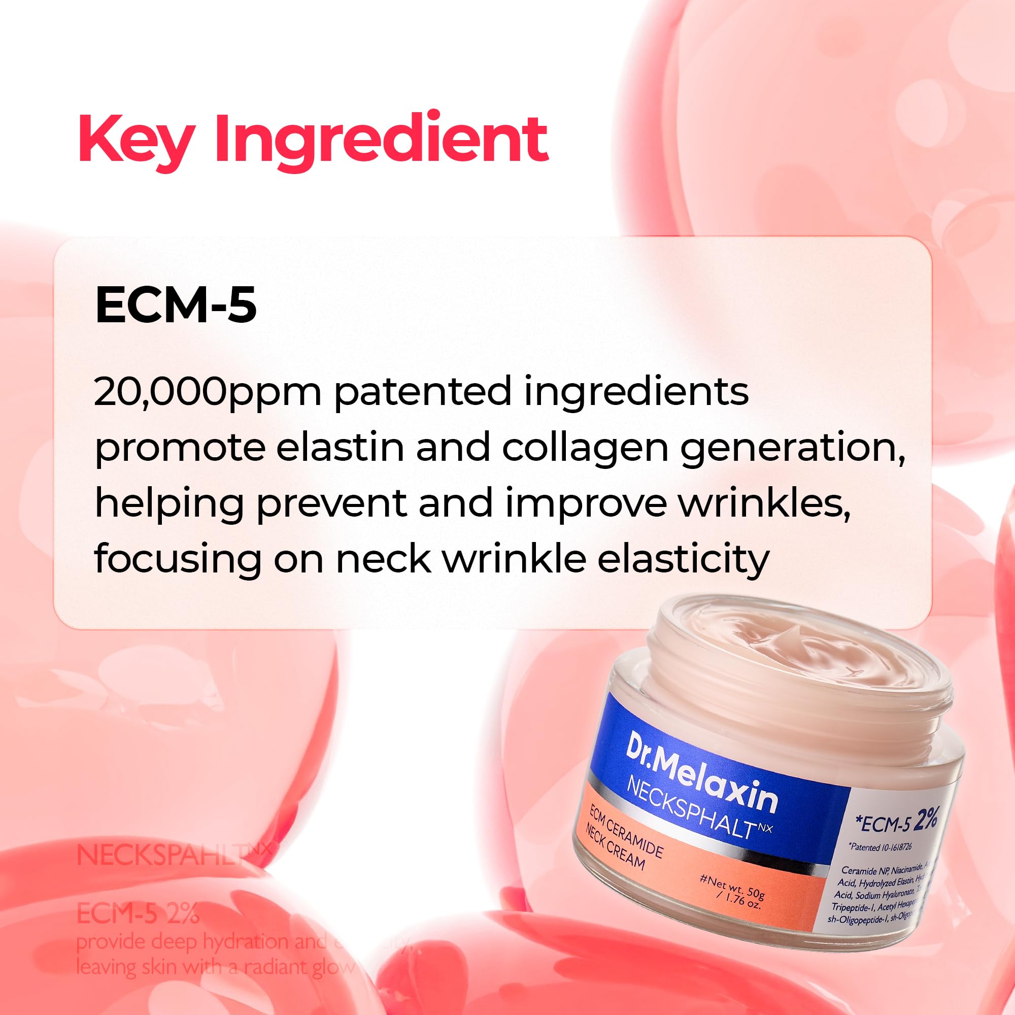 Korean skincare neck firming cream by Dr.Melaxin containing ECM-5 complex for sagging skin.
