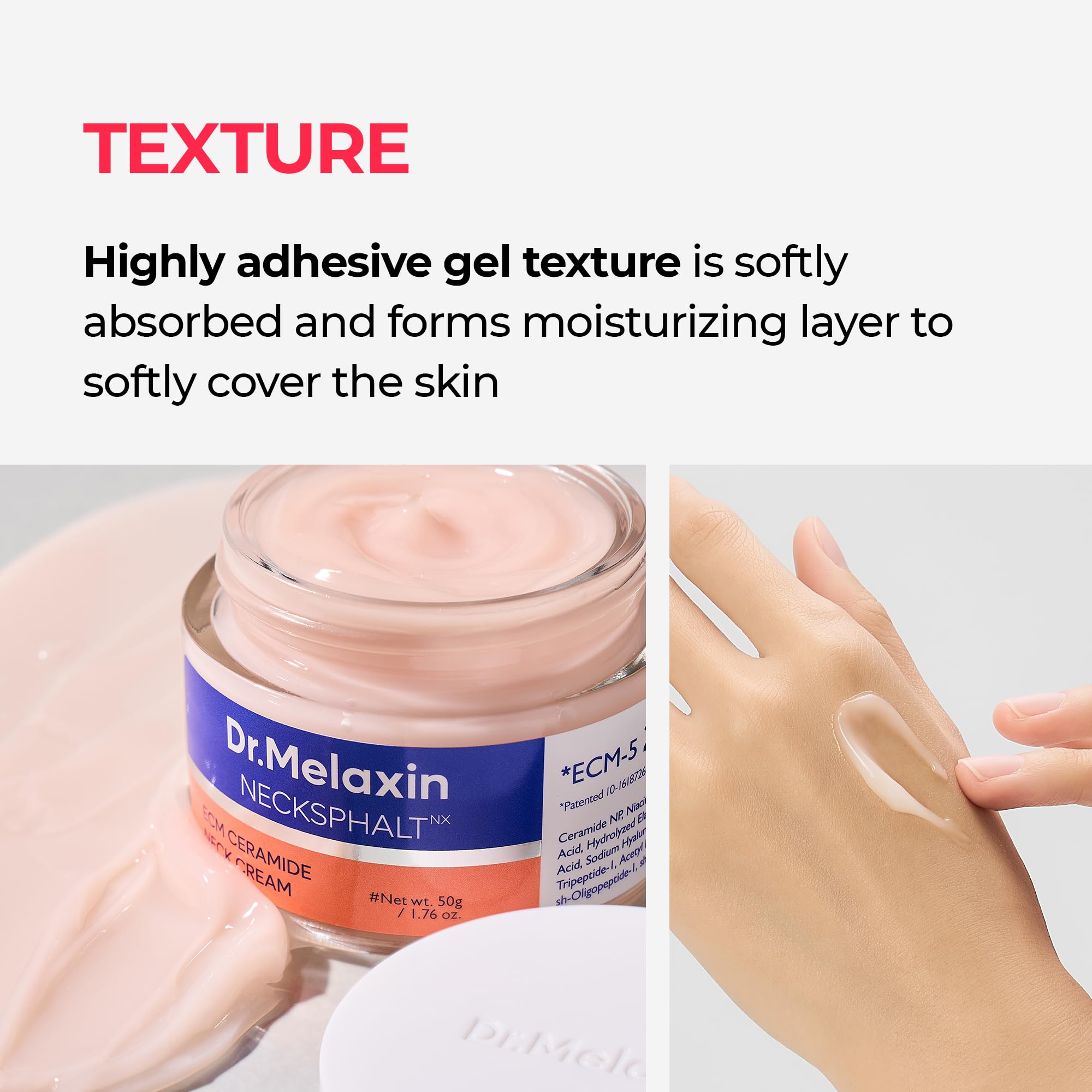 Authentic Dr.Melaxin Necksphalt cream box highlighting ingredient specifications like niacinamide and adenosine.
