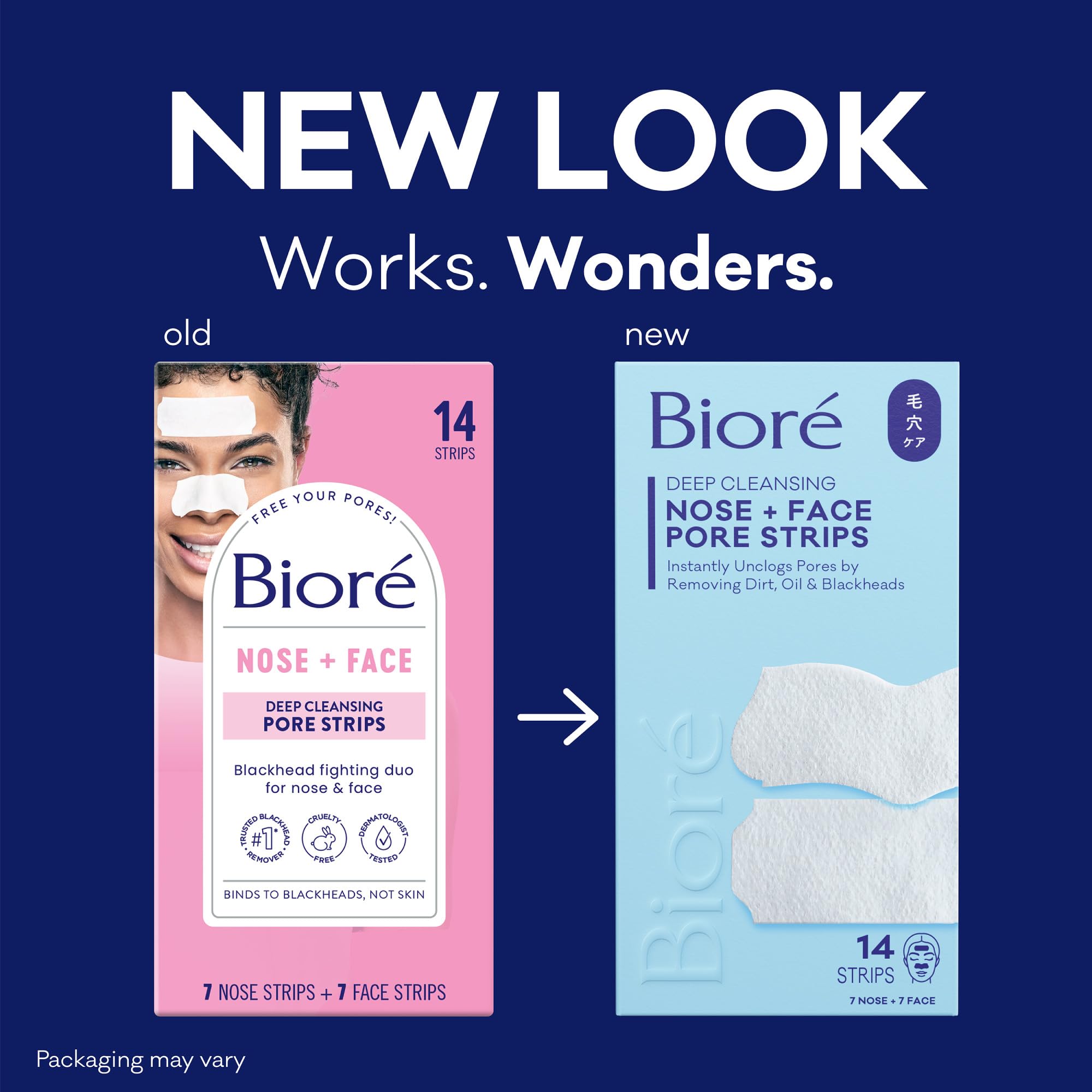 Bioré combo pack pore strips showing separate shapes for nose, chin, and forehead applications.