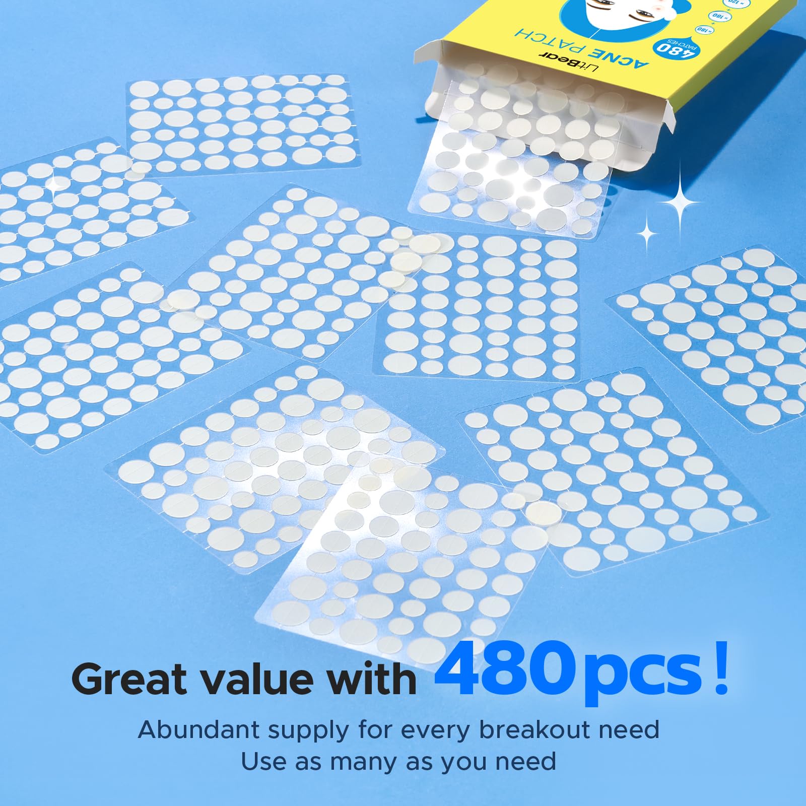 LitBear hydrocolloid spot stickers showing three different circular sizes for targeted blemish care.