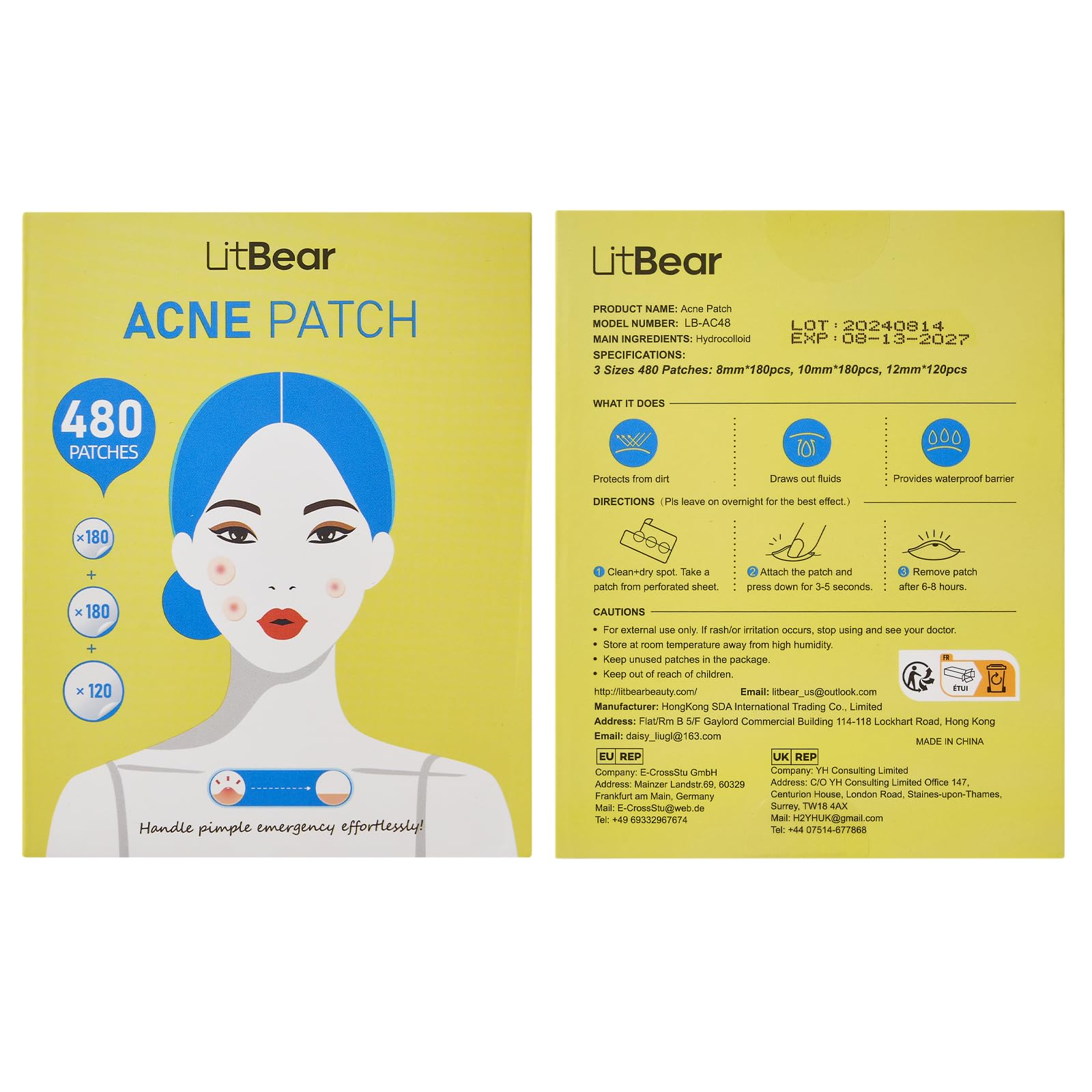 LitBear imported acne spot treatment stickers packaging showing non stimulating ingredients.