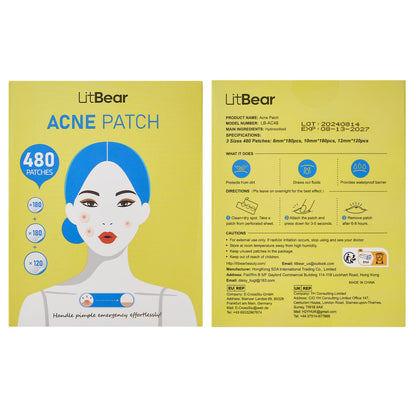 LitBear imported acne spot treatment stickers packaging showing non stimulating ingredients.