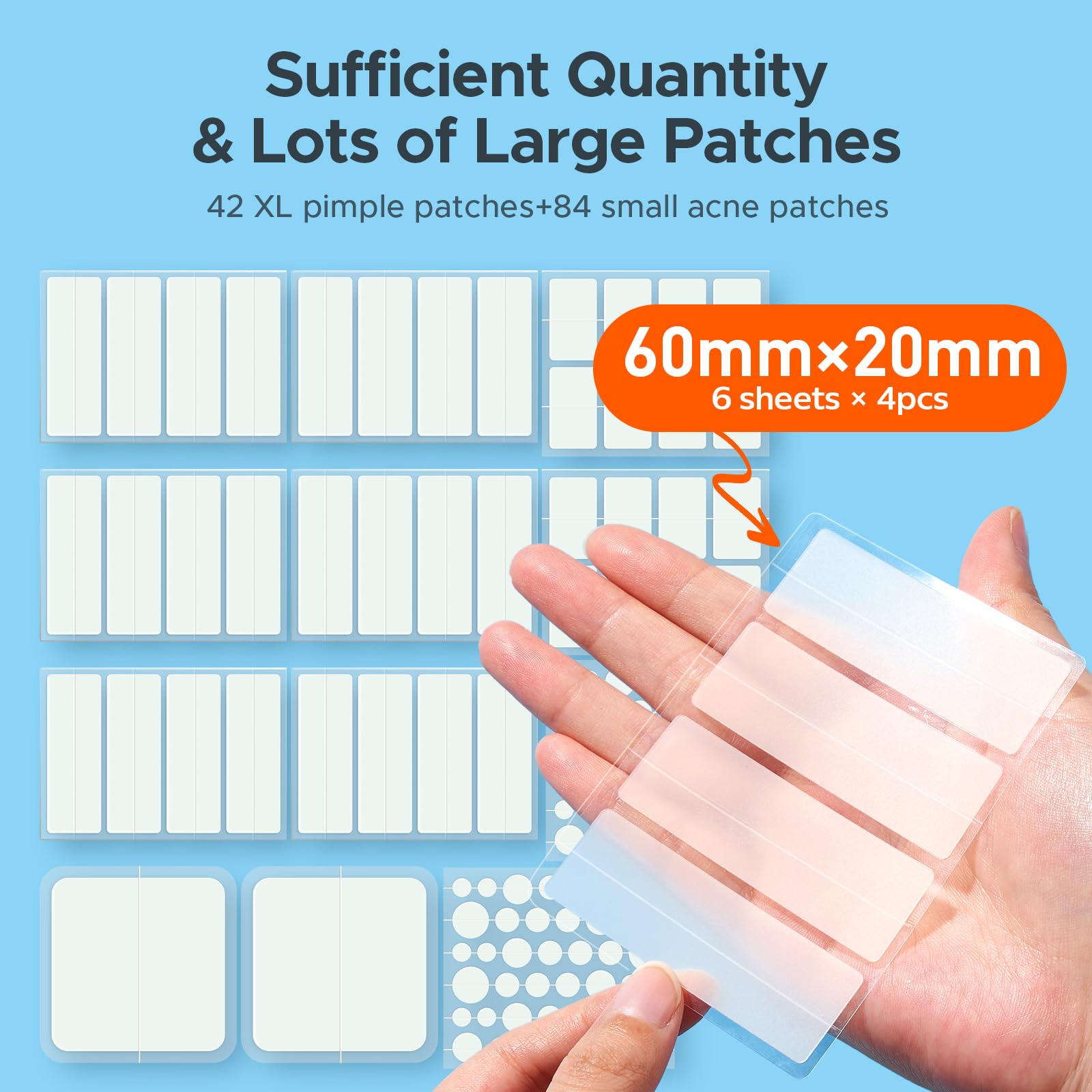 TKTK hydrocolloid acne patches displayed in seven different sizes including strips, squares, and dots.