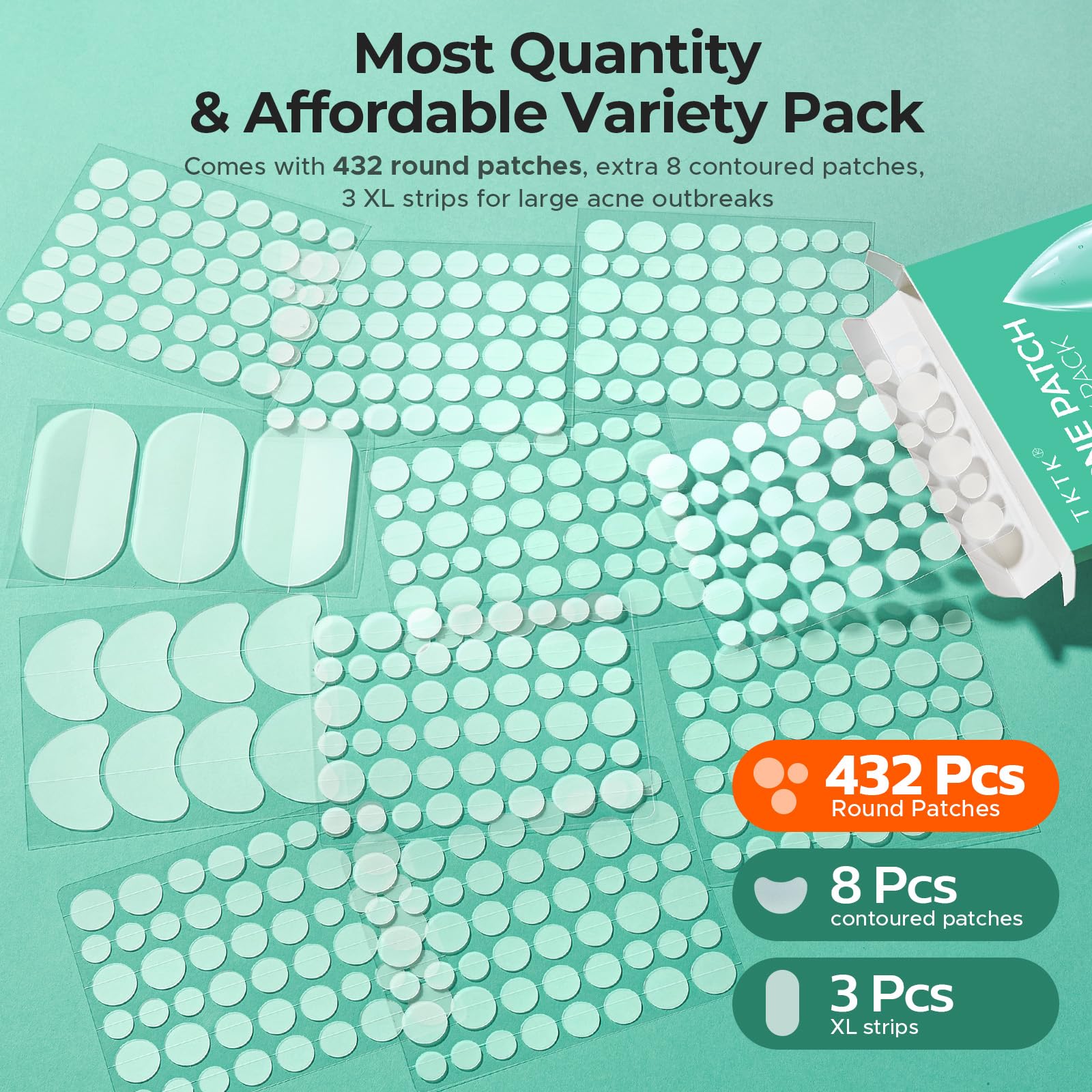 TKTK acne stickers sheets displaying 5 different sizes including dots, strips, and contoured patches.