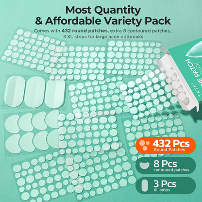 TKTK acne stickers sheets displaying 5 different sizes including dots, strips, and contoured patches.