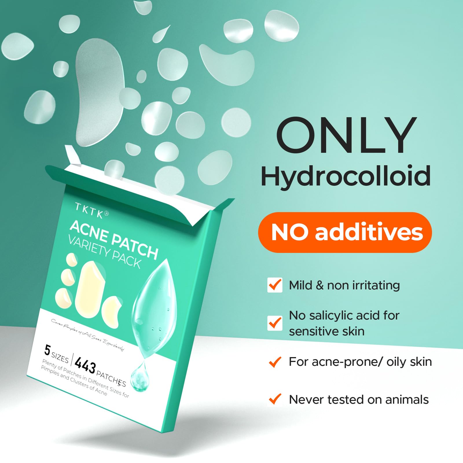 Infographic showing how TKTK hydrocolloid patches absorb facial impurities and flatten whiteheads.