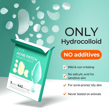 Infographic showing how TKTK hydrocolloid patches absorb facial impurities and flatten whiteheads.