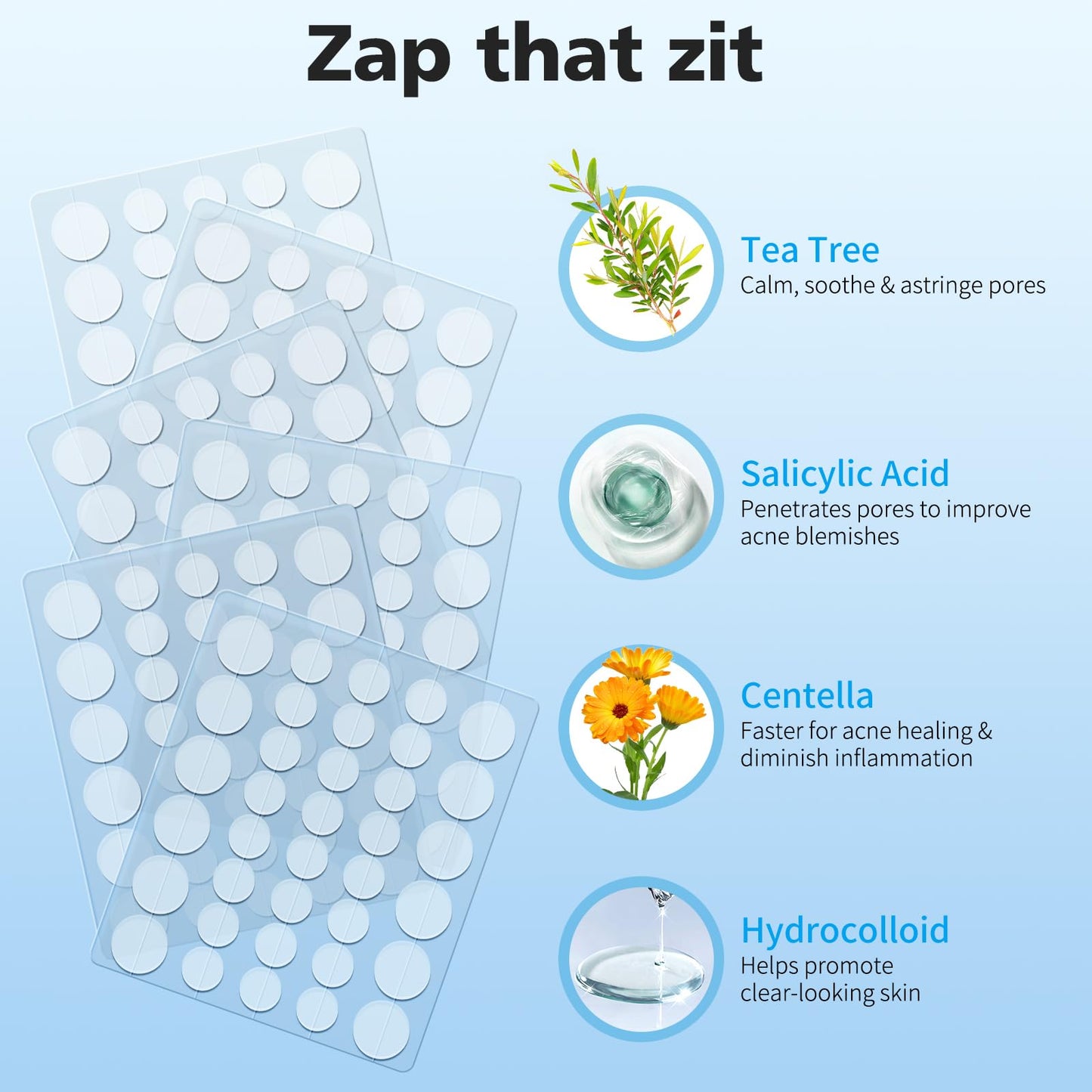 QUSTERE acne patch sheet displaying two different sizes of nine millimeter and twelve millimeter stickers