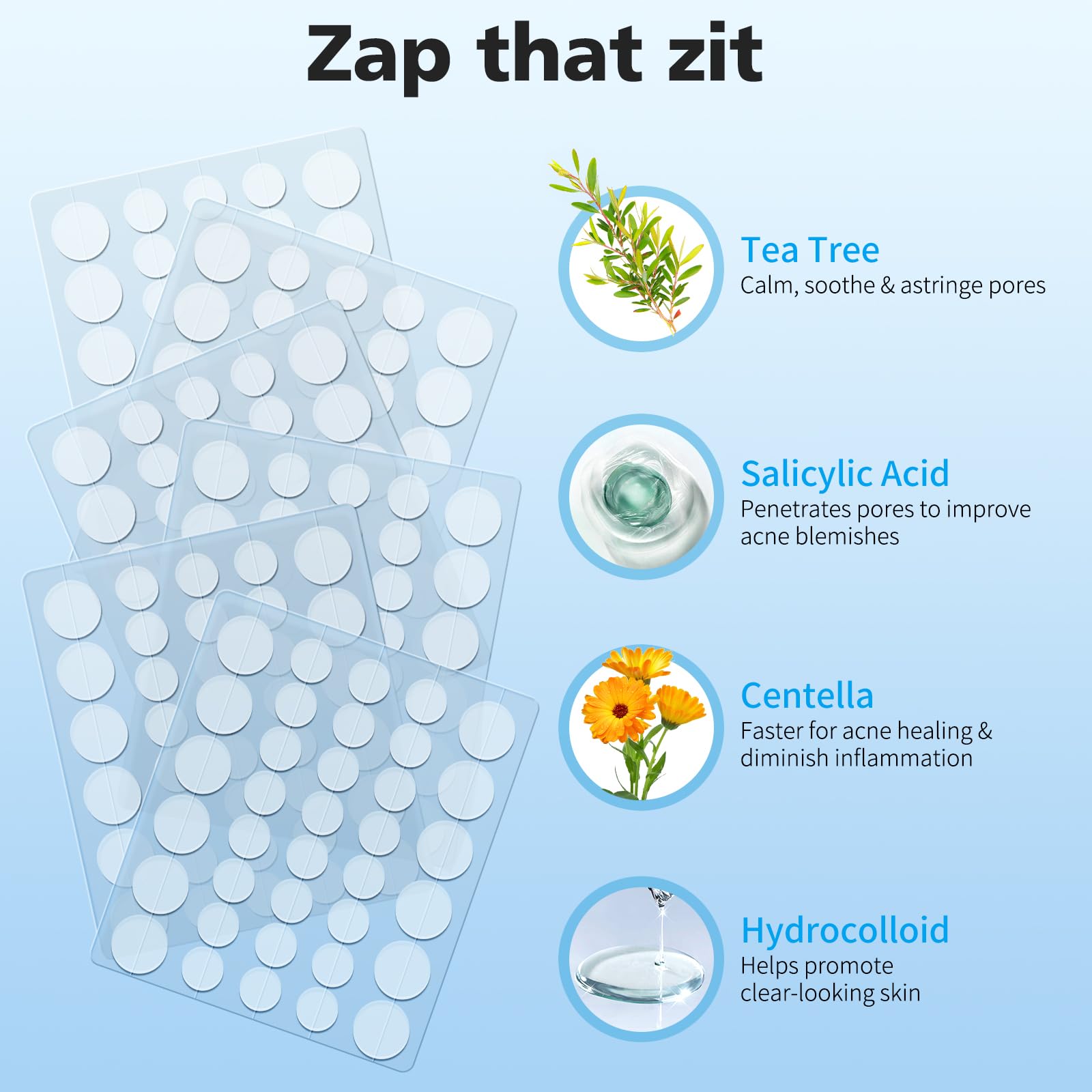 QUSTERE acne patch sheet displaying two different sizes of nine millimeter and twelve millimeter stickers