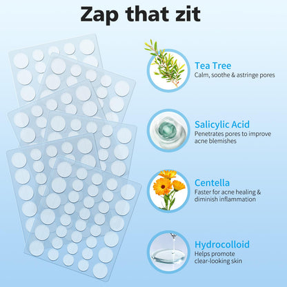 QUSTERE acne patch sheet displaying two different sizes of nine millimeter and twelve millimeter stickers