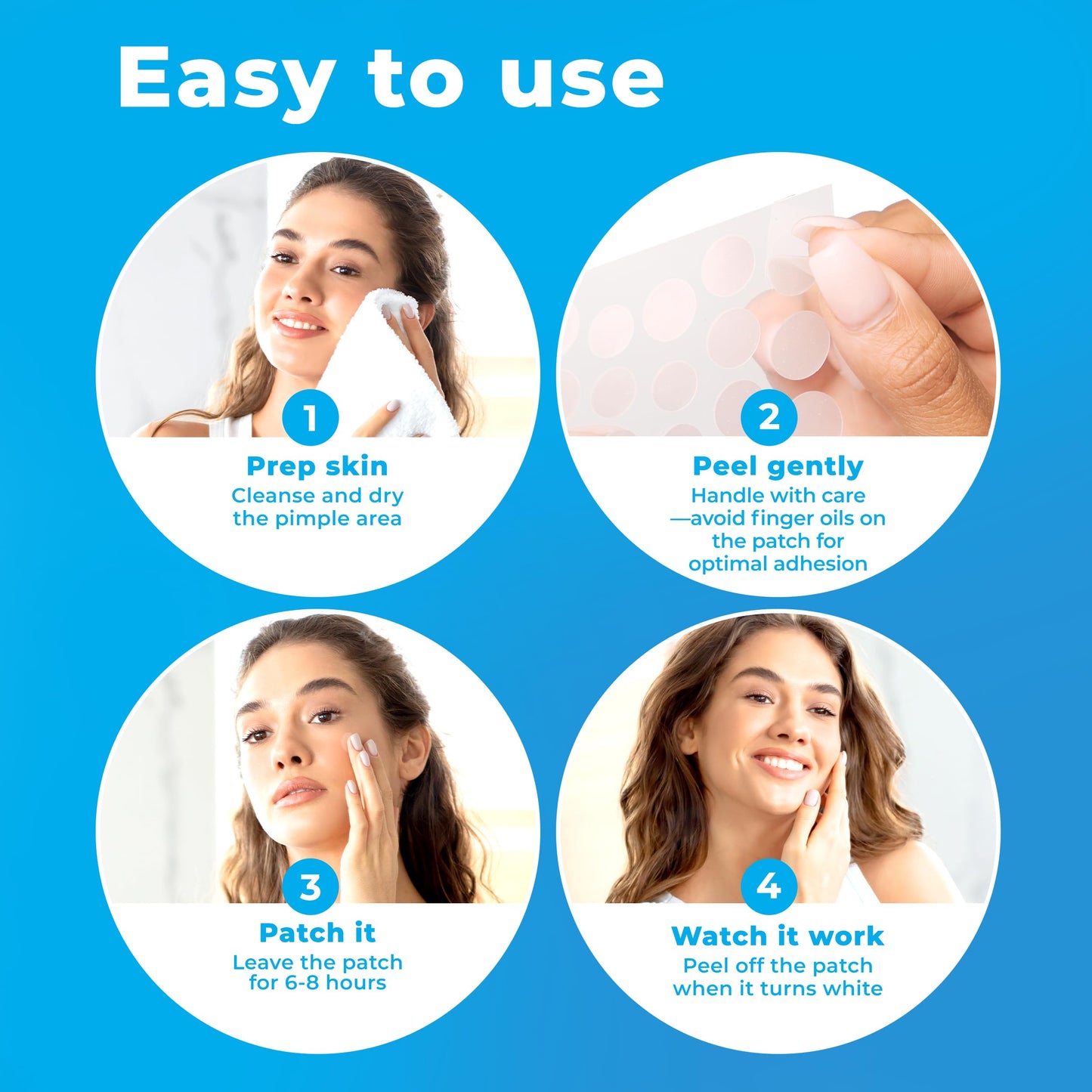 Infographic image of PatchRx acne patch turning white as it absorbs fluid and oil over an eight hour period