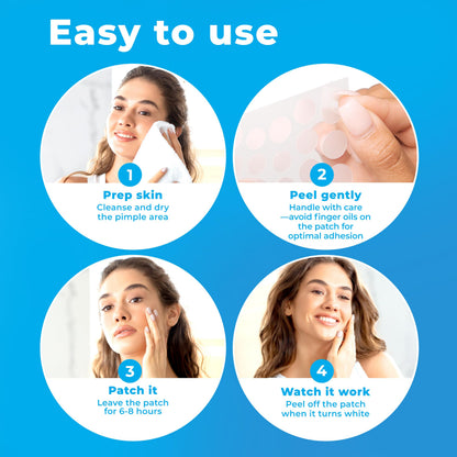 Infographic image of PatchRx acne patch turning white as it absorbs fluid and oil over an eight hour period